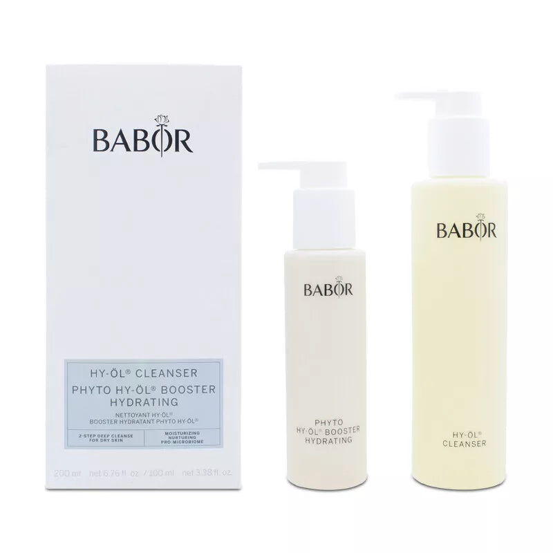 Babor HY-ÖL Cleanser & Phyto HYDRATING Booster Set in clean white packaging – dual-phase cleansing system for dry, dehydrated skin.