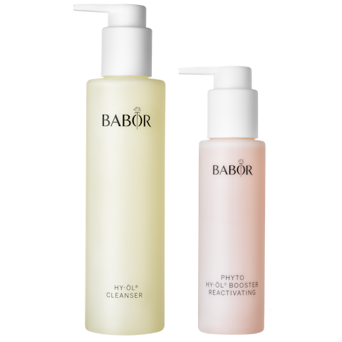 Babor HY-ÖL and Phyto Reactivating Booster – dual-phase cleansing system that removes impurities and restores vitality to dull, aging skin.