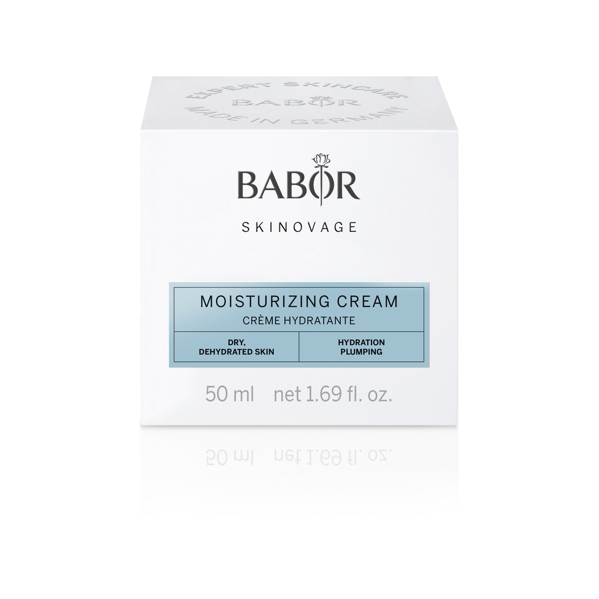 Babor Moisturizing Cream in sleek white and silver packaging – rich face cream designed to deeply hydrate and support the skin barrier.