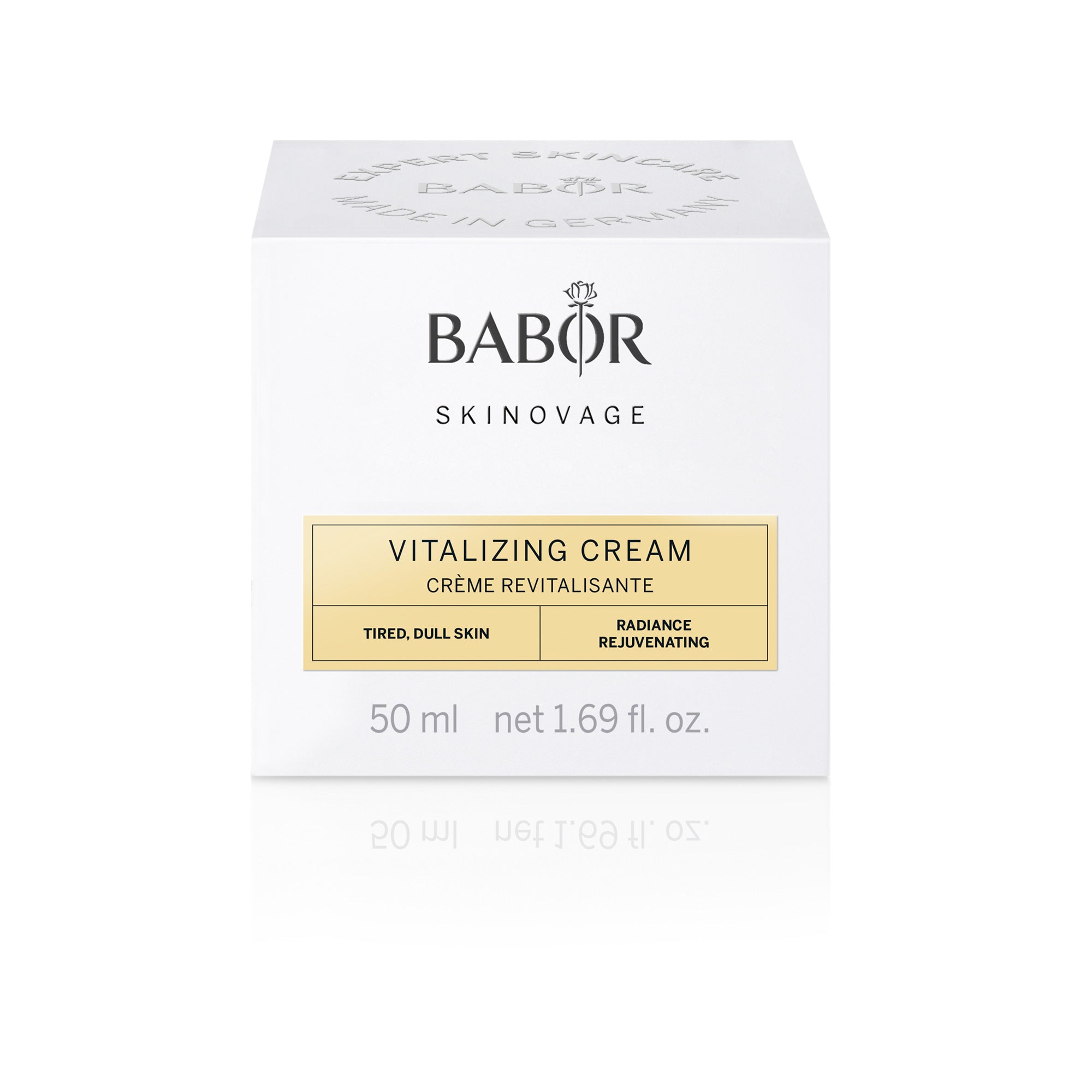 Elegant white and silver packaging of Babor Calming Cream – minimalist design reflecting clean, soothing skincare for sensitive skin