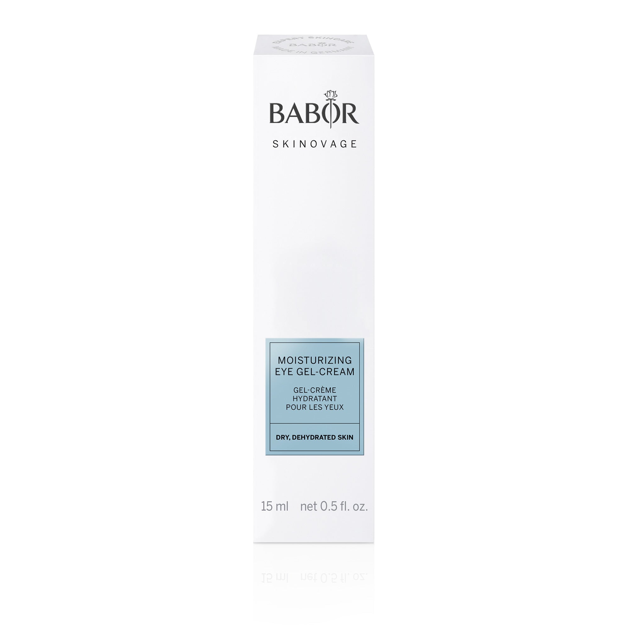 Babor Moisturizing Eye Gel in sleek white and silver packaging – refreshing eye treatment designed to hydrate and awaken the under-eye area