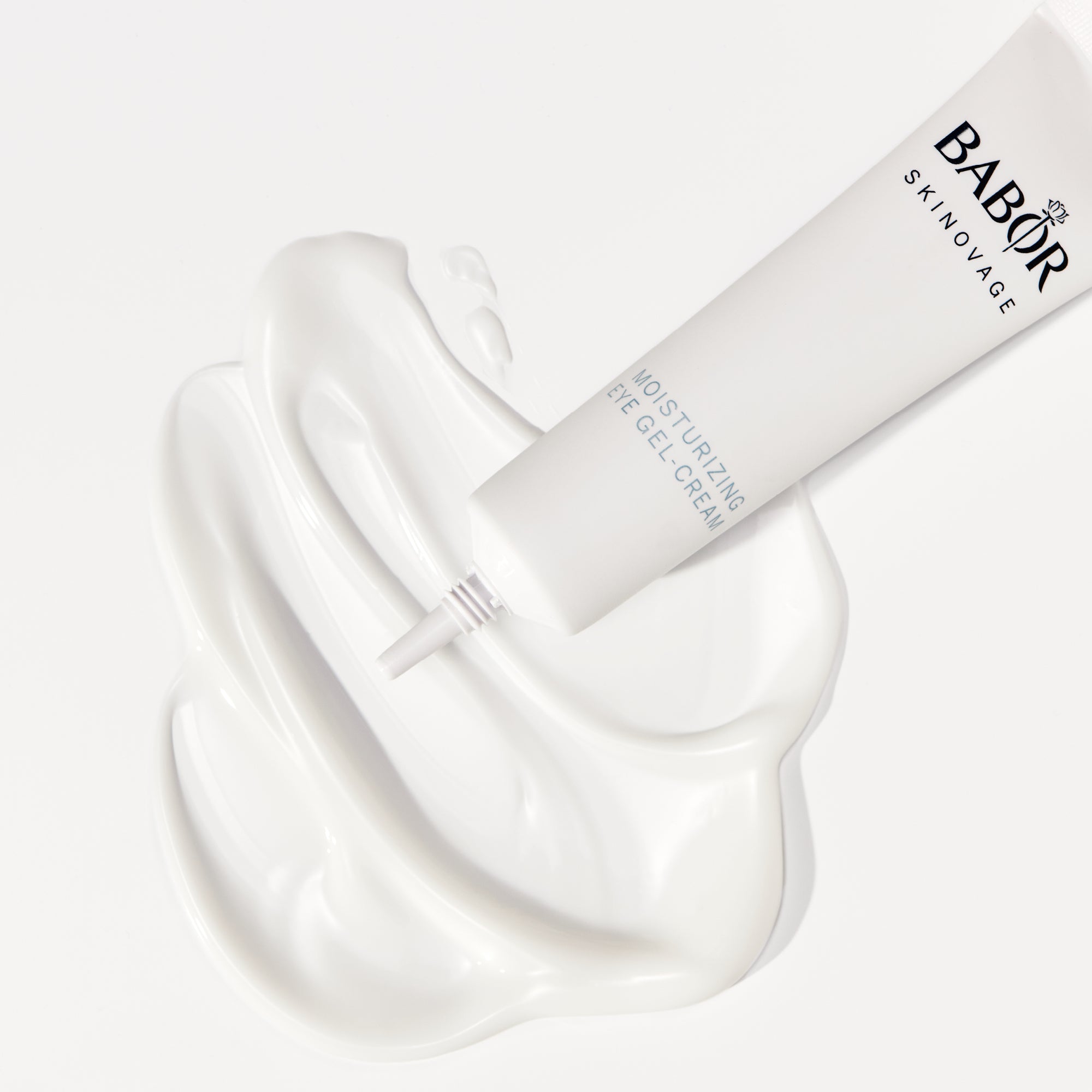 Light gel texture of Babor Moisturizing Eye Gel shown in application – lightweight formula to reduce puffiness and hydrate tired eyes.