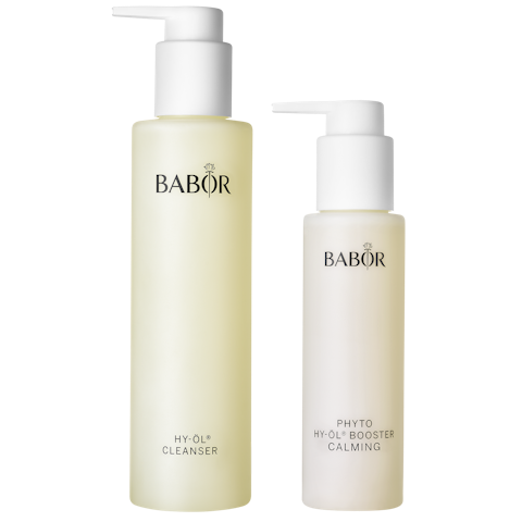 Babor HY-ÖL Cleanser and Phyto Calming Booster – soothing facial cleansing duo designed to reduce redness and calm stressed skin.