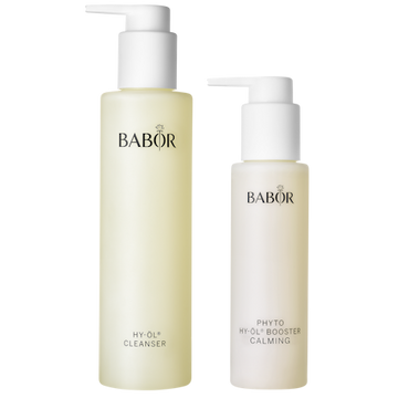 Babor HY-ÖL Cleanser and Phyto Calming Booster – soothing facial cleansing duo designed to reduce redness and calm stressed skin.