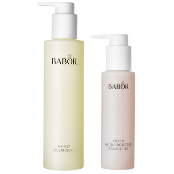 Babor HY-ÖL Cleanser paired with Phyto Balancing Booster – deep-cleansing duo that purifies pores and balances oil production for clearer skin