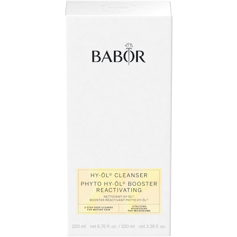 Babor HY-ÖL and Phyto Reactivating Booster – dual-phase cleansing system that removes impurities and restores vitality to dull, aging skin.