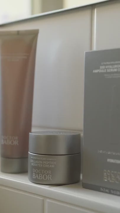 Demonstration of how to apply Babor Collagen-Peptide Booster Cream for optimal skin firming and hydration